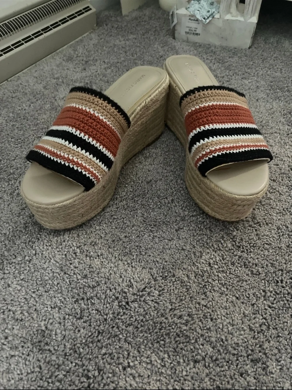 Marc Fisher Striped Woven Espadrille Wedge Slide — Rust/Black/Cream